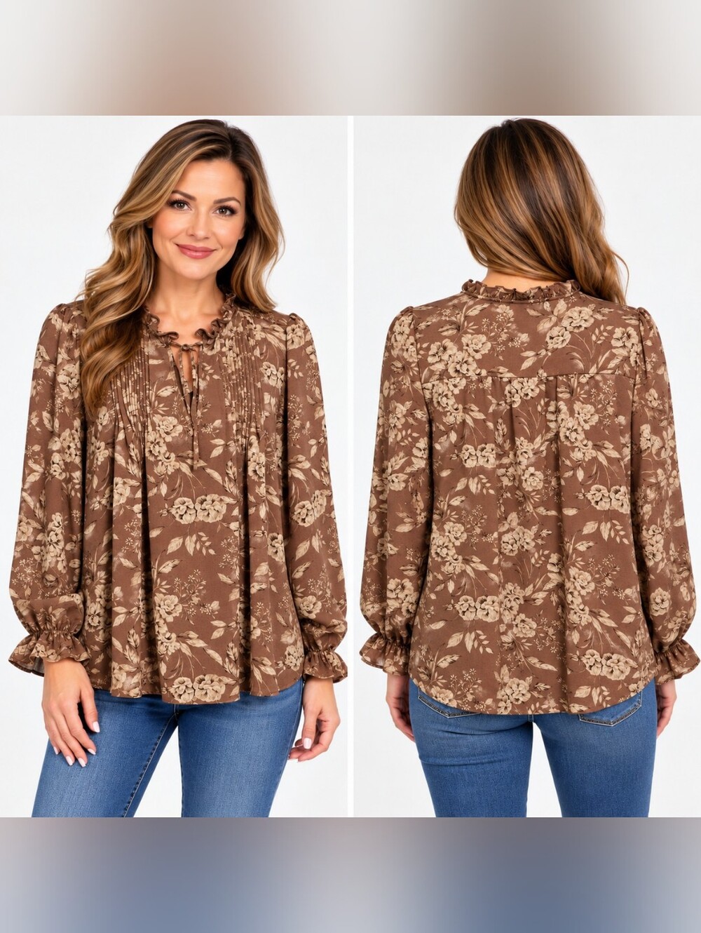 Torrid Women's 1X Brown Floral Pleated Ruffle Neck Long Sleeve Pullover Top